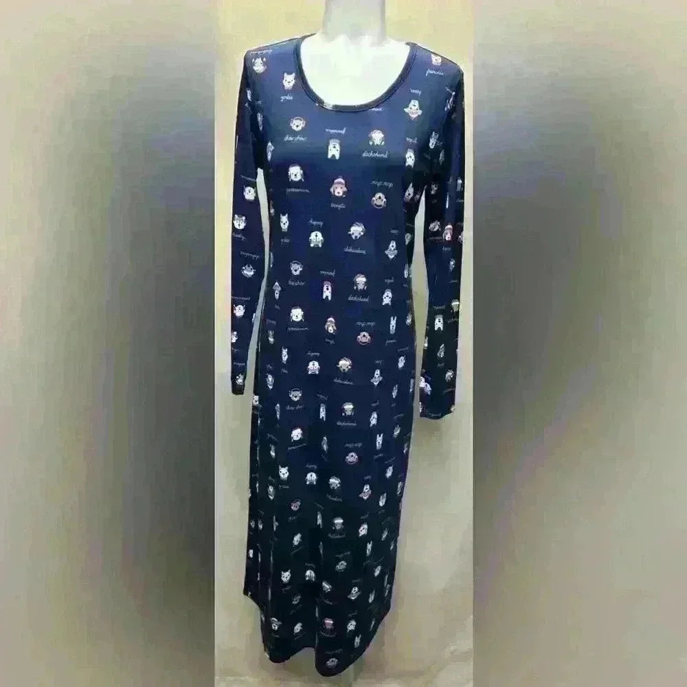 Lands End Women’s Knit Long Sleeve Maxi  Winter Dress Dogs Small 6 -8